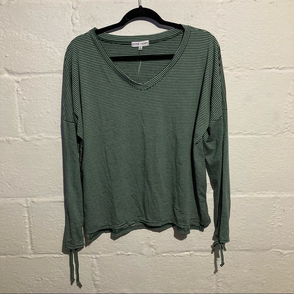 Thyme + Honey Green Striped V-Neck Long Sleeve Tee - Size L